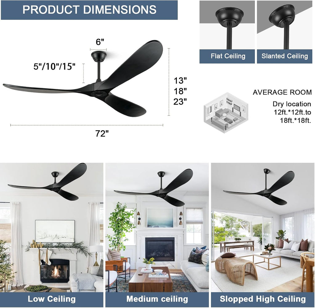 ABZ 72 Inch Ceiling Fans without Lights, Large Ceiling Fans no Lights with Remote Control, 3 Blade Solid Wood Indoor Black Outdoor Ceiling Fan for Patios Living Room Bedroom