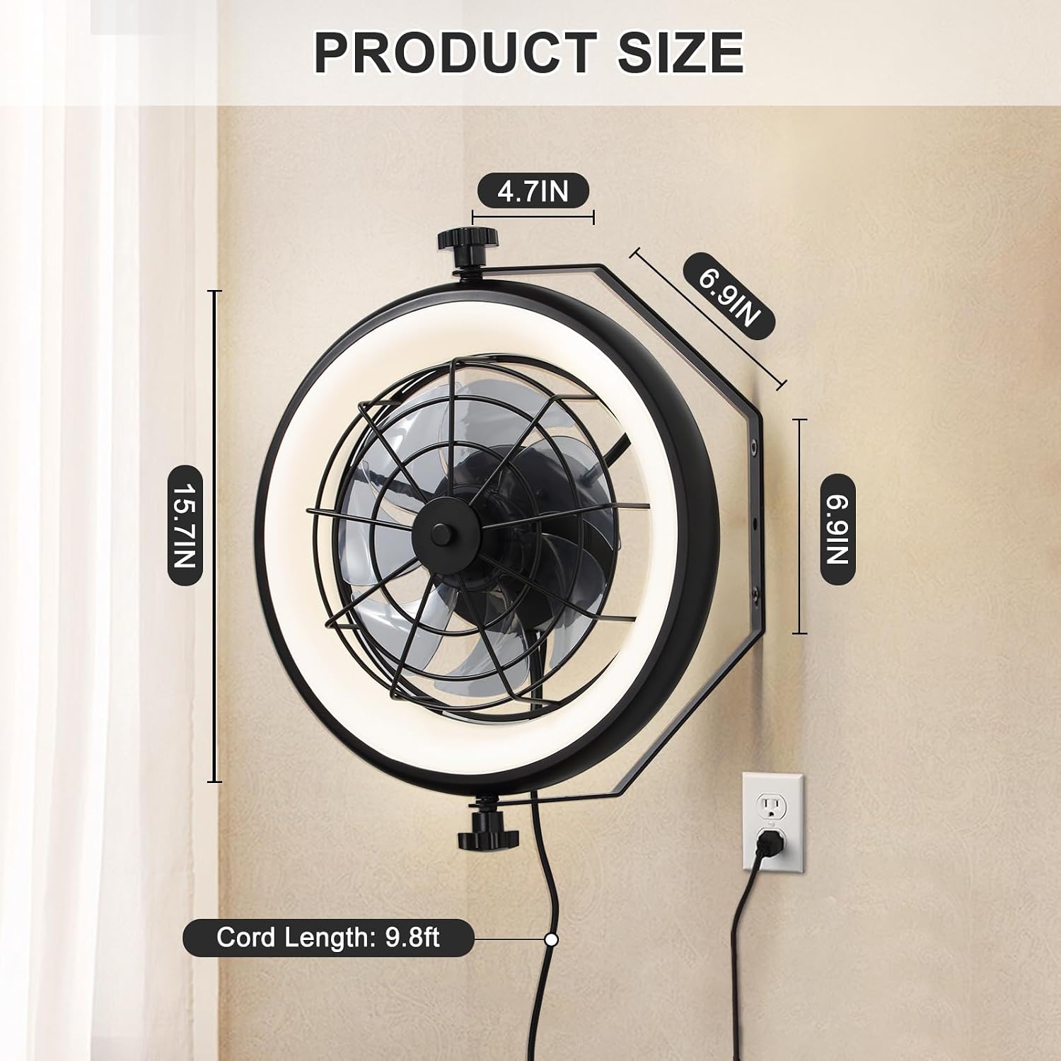 16' Wall Mounted Fan Indoor, Quiet 6 Speed Wall Mount Fan with Remote, Light and Timer, 360° Adjustable Tilt Plug in Wall Fan for Garage, Bedroom, Kitchen, Living Room, Greenhouse, Patio