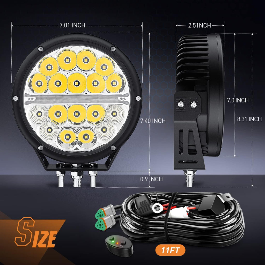 Nilight 7 Inch Round LED Offroad Driving Lights with DRL 2 PCS 90W 9850LM IP68 Spot Flood Combo Work Light w/ 12AWG DT Connector Wiring Harness Kit for 4x4 Truck ATV UTV SUV