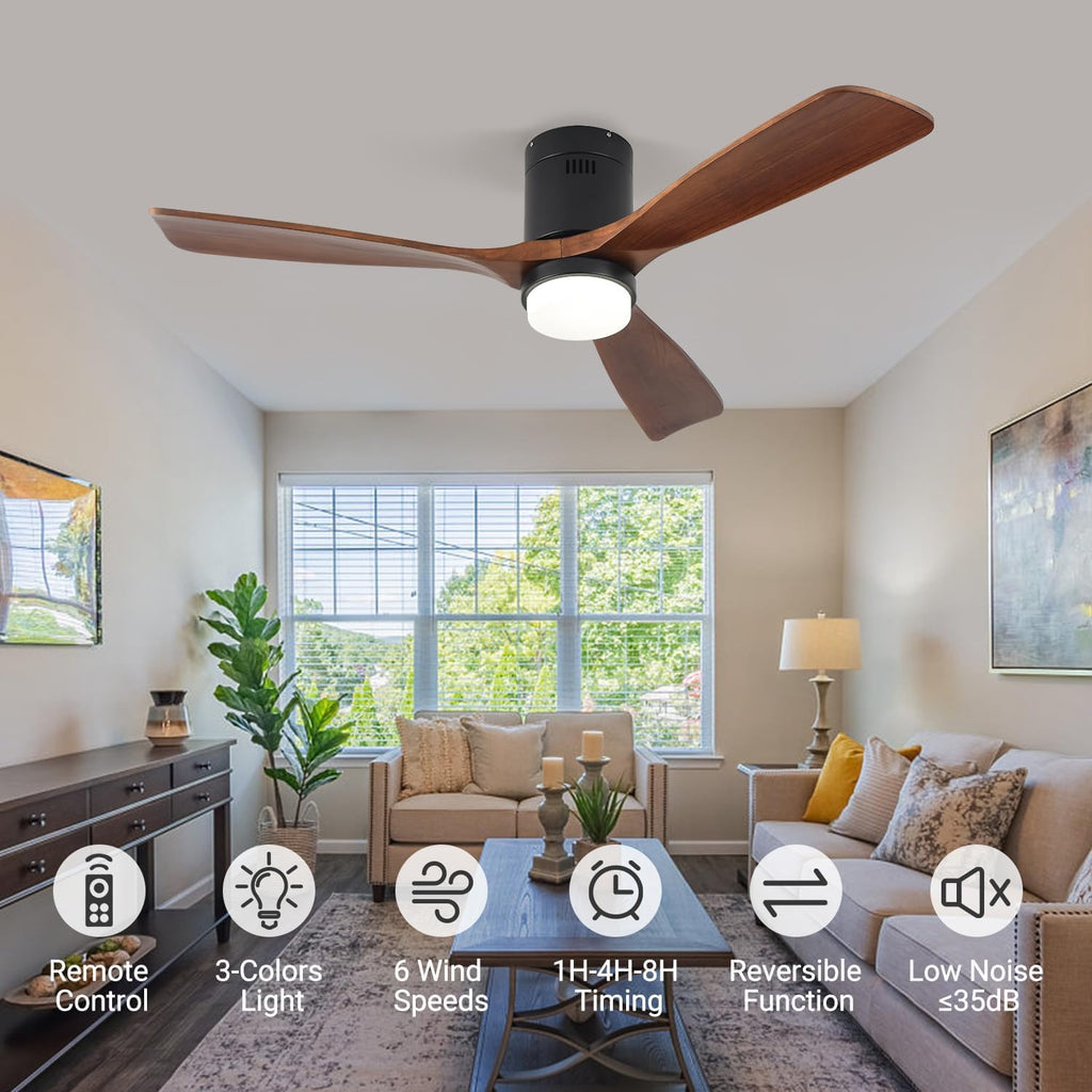 Ceiling Fans with Lights, 52' Wood Ceiling Fan with Remote Control, 3 Walnut Fan Blades Reversible Quiet DC Motor 6 Speeds Timing Farmhouse Ceiling Fan for Bedroom/Living Room/Study/Porch