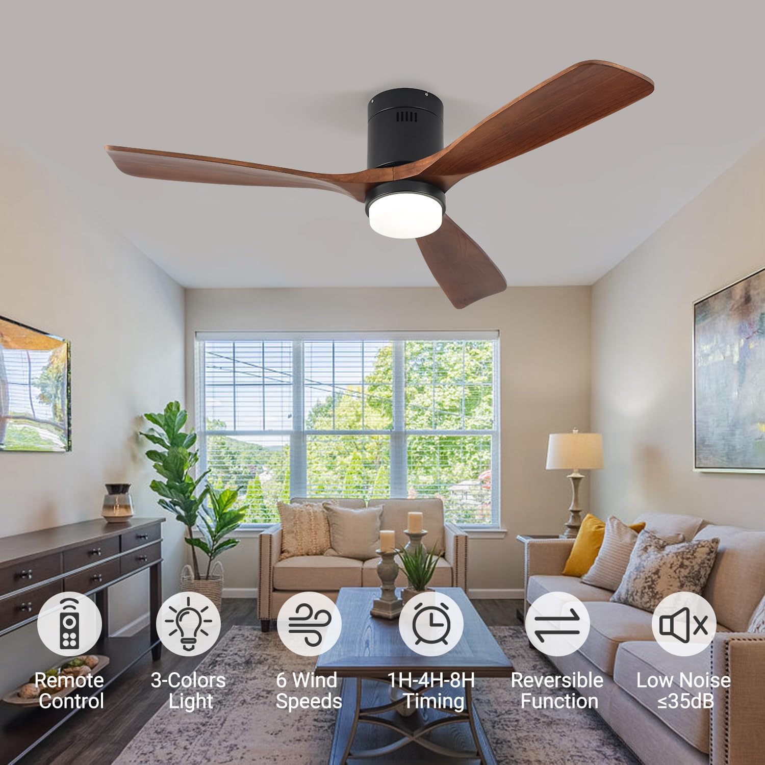 Ceiling Fans with Lights, 52' Wood Ceiling Fan with Remote Control, 3 Walnut Fan Blades Reversible Quiet DC Motor 6 Speeds Timing Farmhouse Ceiling Fan for Bedroom/Living Room/Study/Porch