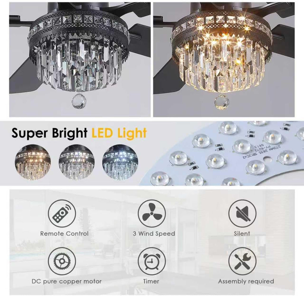 Asyko Crystal Ceiling Fan Fandelier with Lights - 46' Crystal Ceiling Fans with Noiseless DC Motor, Retro/Farmhouse Lighting, Dining Room,Living Room