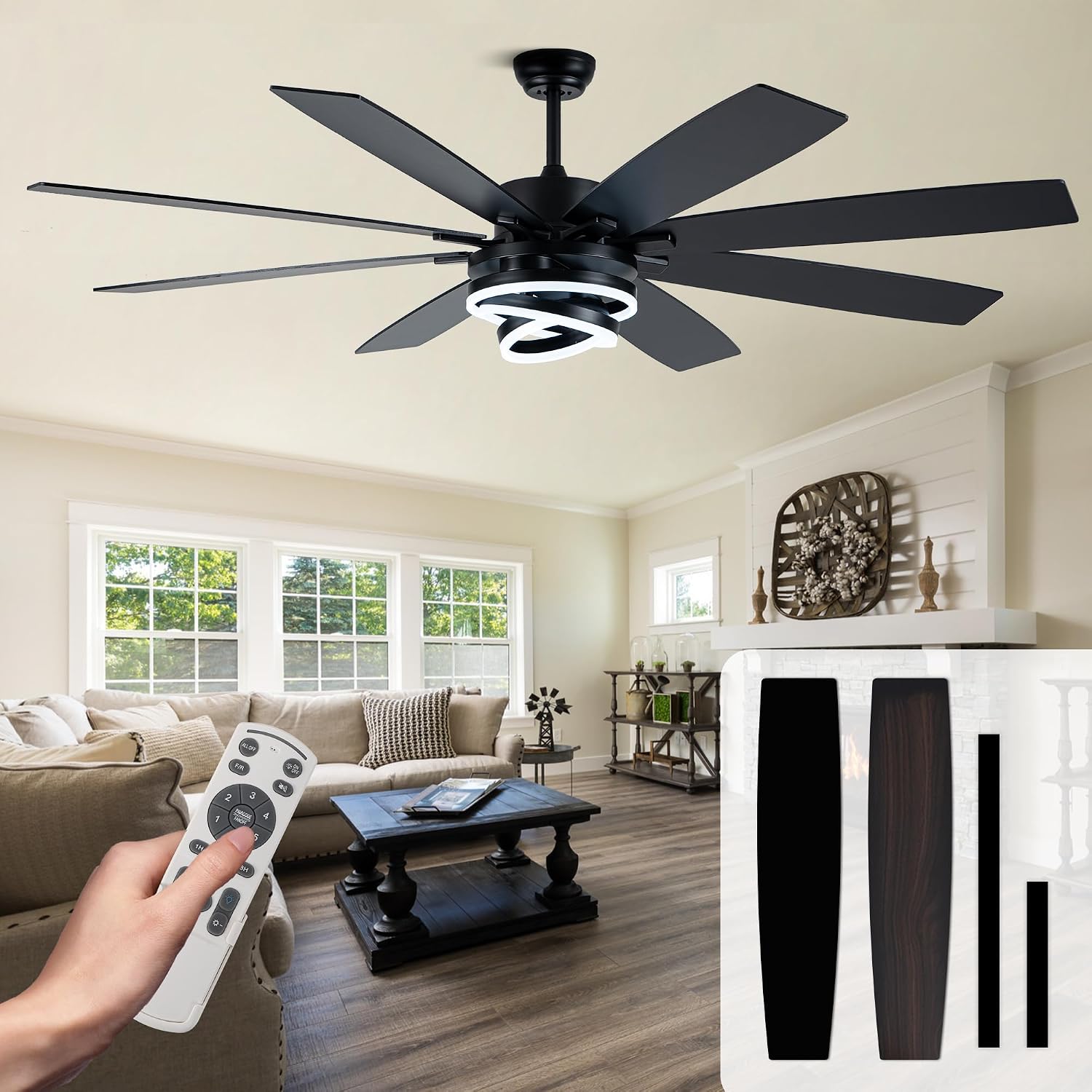 72 Inch Black Ceiling Fan with Lights and Remote Modern Fandelier Ceiling Fan Large Chandelier LED Light, Reversible Quiet DC Motor 3CCT Dimmable 6 Speed for Living Room Indoor Outdoor