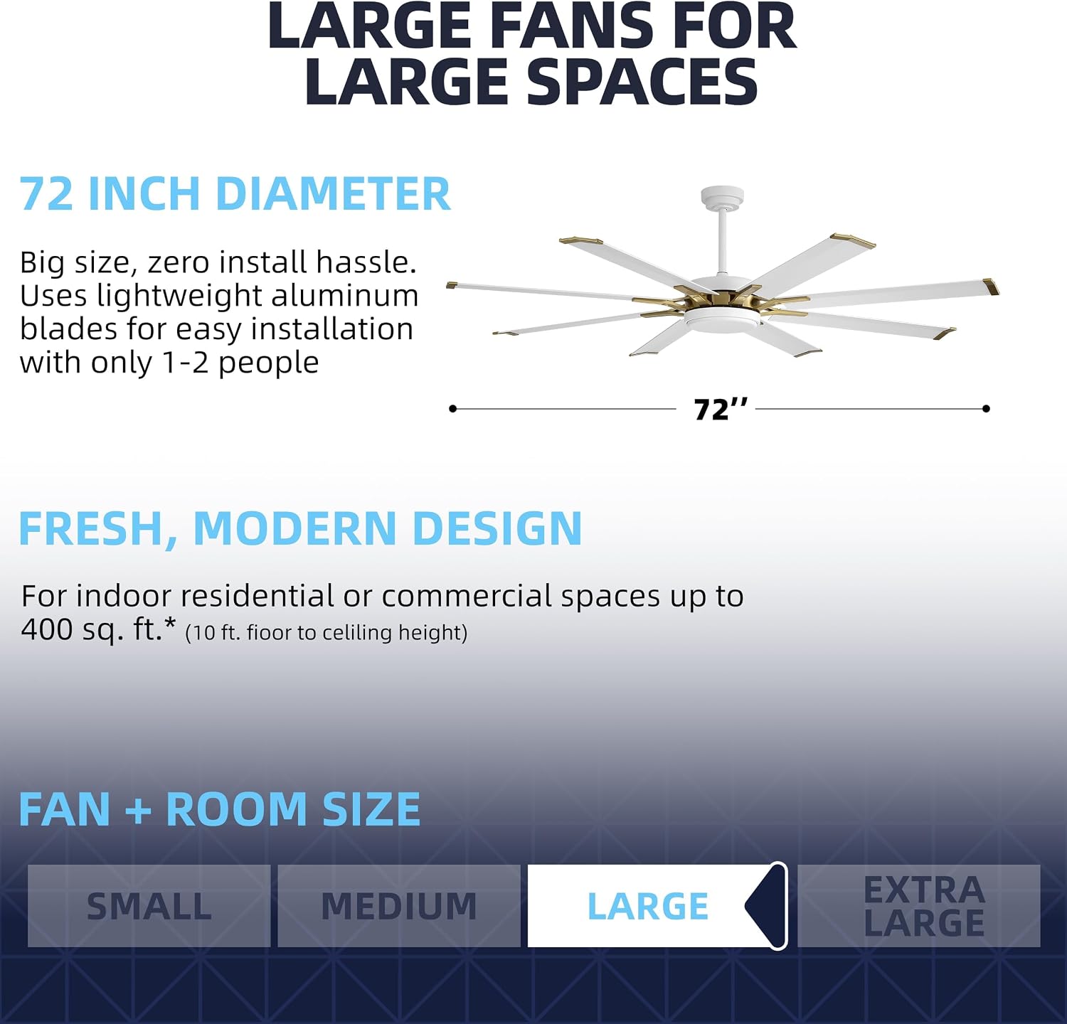 WINGBO 72' Large Industrial Ceiling Fans No Lights, 8 Aluminum Blades, 6-Speed Powerful Brushless DC Motor Reversible, High Volume 9760 CFM at 129 RPM, Commercial and Residential, Brass and White