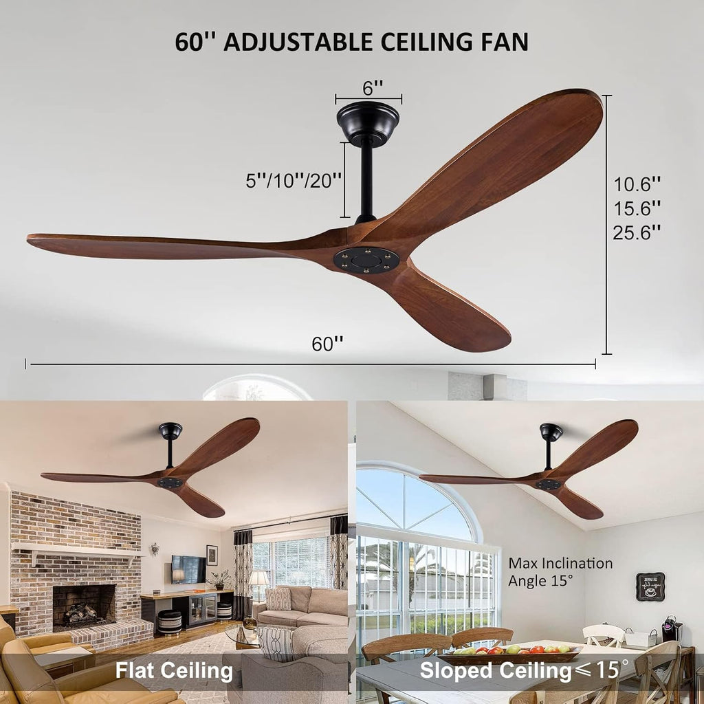 60 Inch Ceiling Fans Without Light, Solid Wood Ceiling Fan No Light with Remote and 3 Wood Blades,6 Speed Quiet DC Motor Indoor Outdoor Ceiling Fans for Patio, Living Room, Bedroom