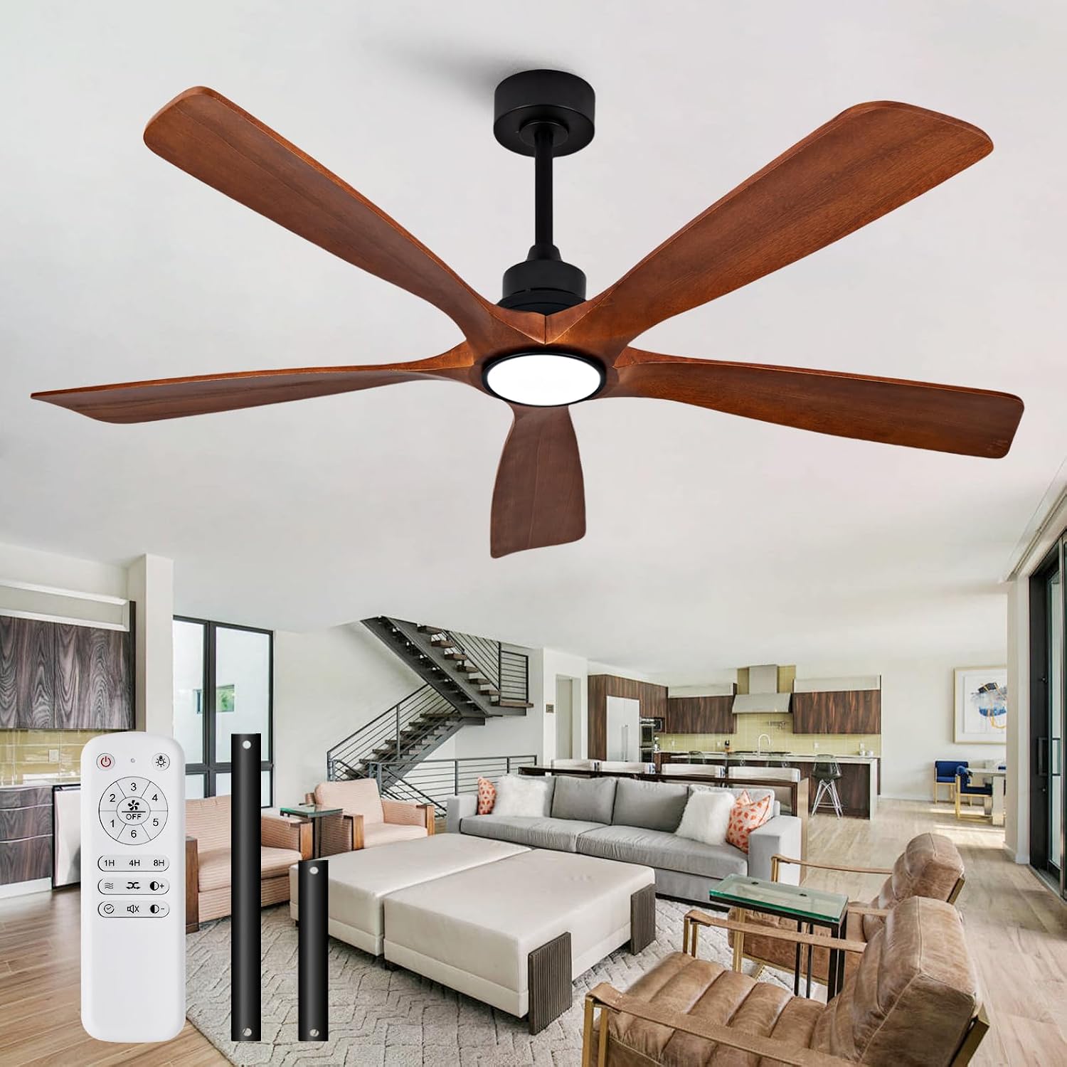 ZVL 60 Inch Ceiling Fans with Lights and Remote,5 Blade Ceiling Fan with Light,Modern Ceiling Fan,3CCT Dimmable,Timer,Quiet DC Motor,6 Speed,Wood Ceiling Fan for Offices Farmhouse Gazebo Patio