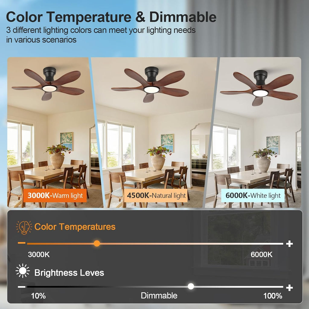 36 Inch Wood Flush Mount Ceiling Fans with Lights and Remote, Dimmable 5 Blade Wood Bedroom Ceiling Fan Outdoor Ceiling Fans for Patios Low Profile Ceiling Fan with Light for Bedroom Indoor