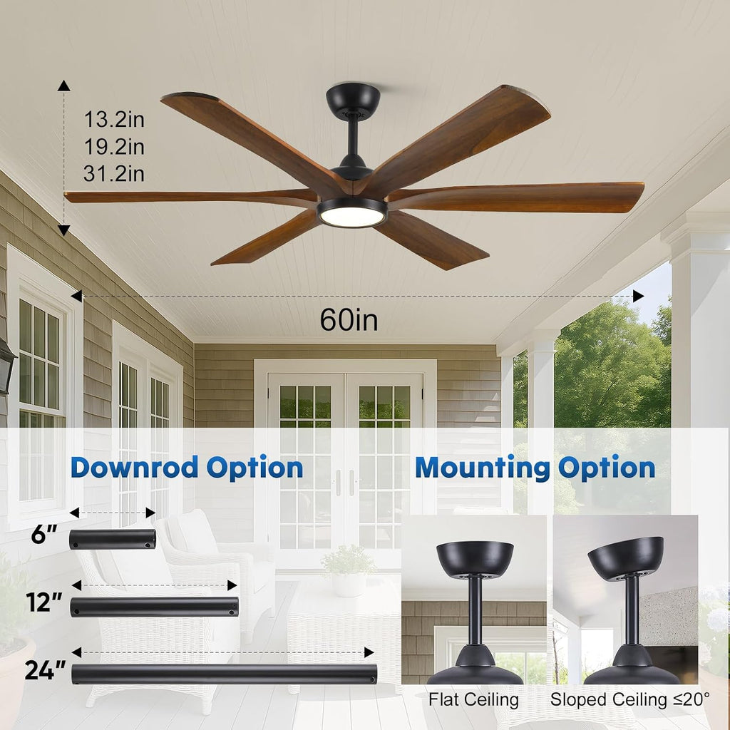 60 Inch Smart Outdoor Ceiling Fan with Lights for Patios, High CFM, Damp Rated 6 Walnut Wood Blades, Alexa Wifi Remote Control, for Modern Farmhouse Indoor Exterior Porch, for Sloped/Tall Ceiling