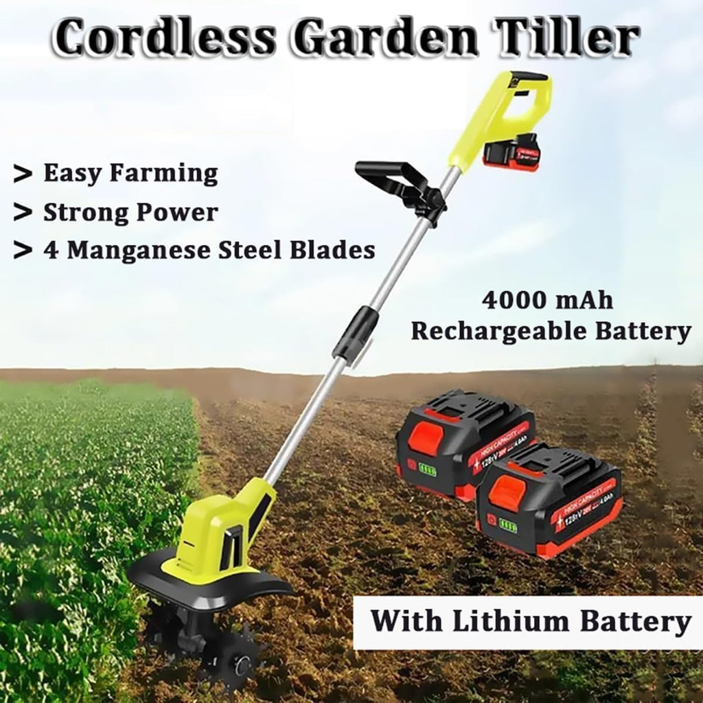 Cordless Garden Rotavator - Electric Cultivator Tiller Kit for Lawn/Gardening/Soil Cultivation - wtih 2×4000 mAh Rechargeable Battery and Charger