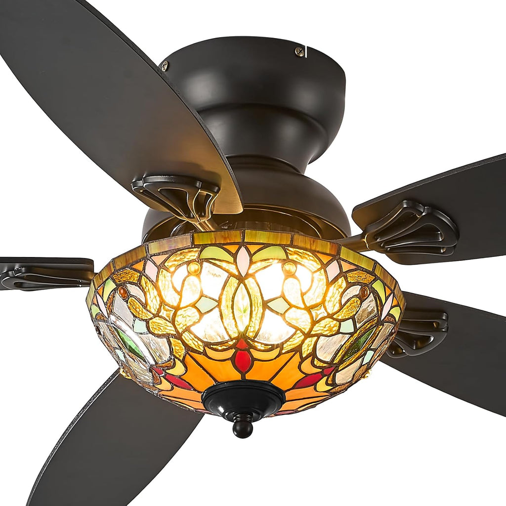 Tiffany Ceiling Fans with Lights - 48' Ceiling Fan Chandelier with 5 Dual-Blades and Glass Shade, 6 Speeds and Reversible, Indoor and Outdoor, Retro Style