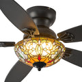 Tiffany Ceiling Fans with Lights - 48' Ceiling Fan Chandelier with 5 Dual-Blades and Glass Shade, 6 Speeds and Reversible, Indoor and Outdoor, Retro Style