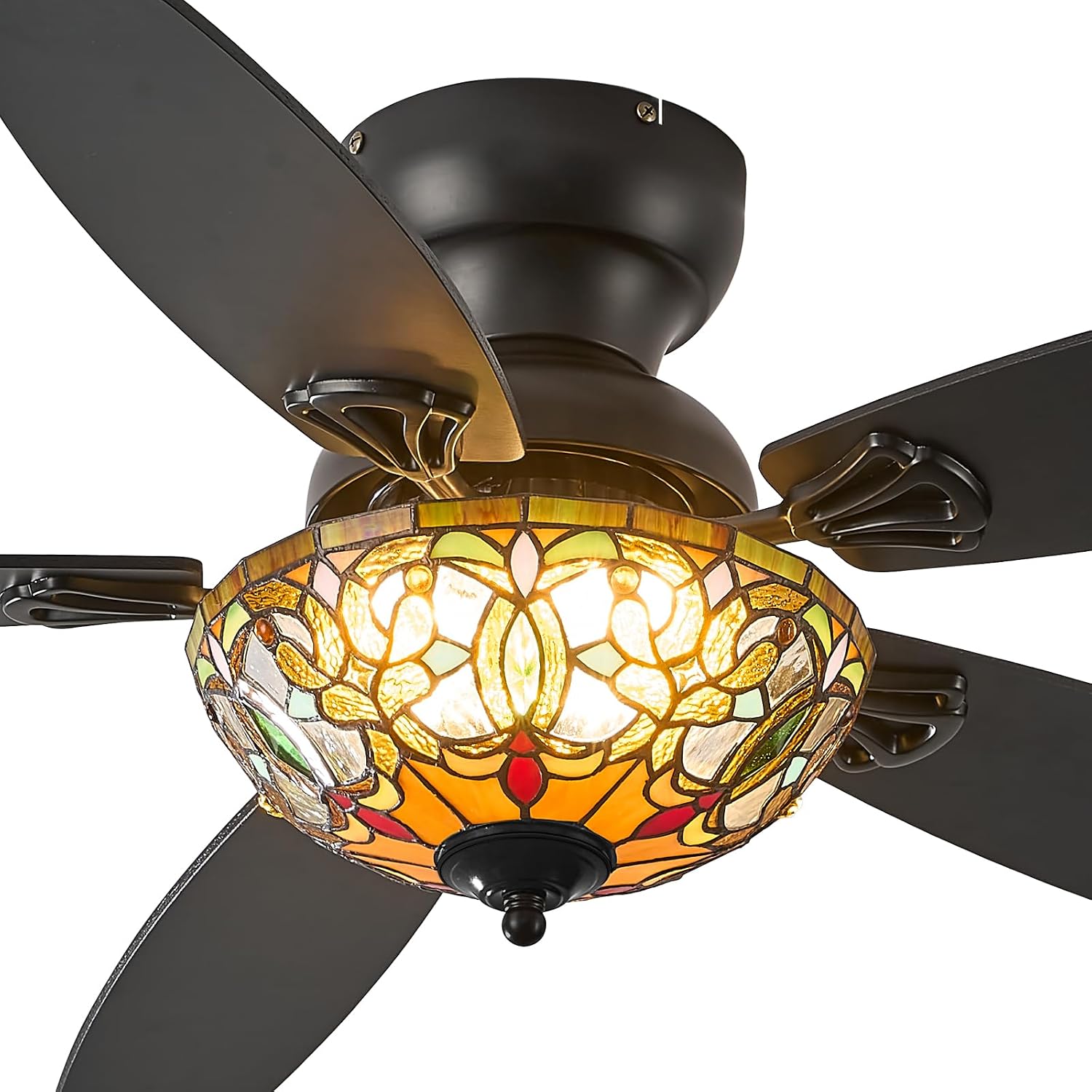 Tiffany Ceiling Fans with Lights - 48' Ceiling Fan Chandelier with 5 Dual-Blades and Glass Shade, 6 Speeds and Reversible, Indoor and Outdoor, Retro Style
