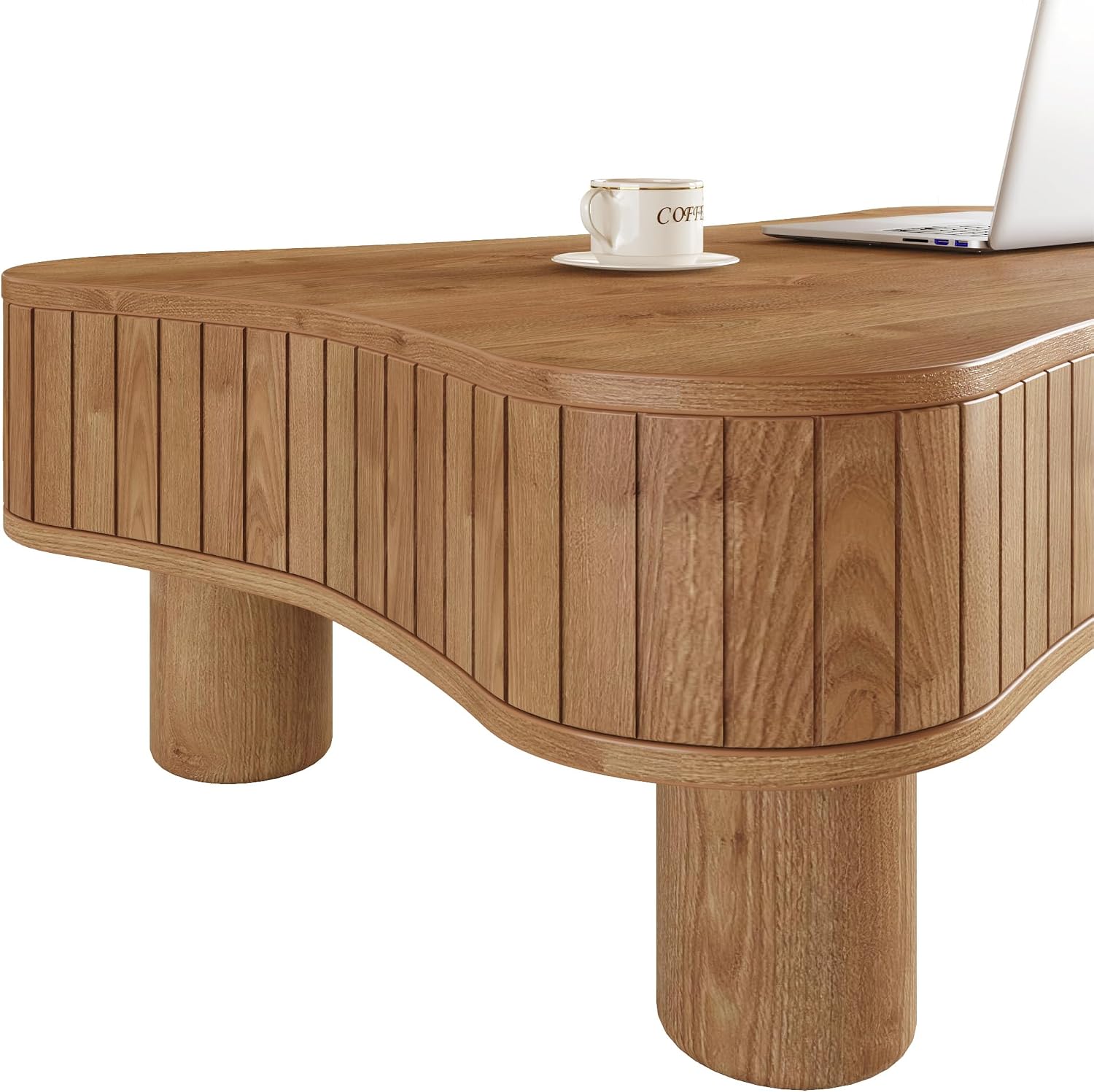 Zurnes Lift Top Coffee Table with Storage, 42' Accent Table for Living Room, Fluted Panel Hidden Storage, Silent Hydraulic Lift, Curved Corners, Easy Assembly, Light Brown