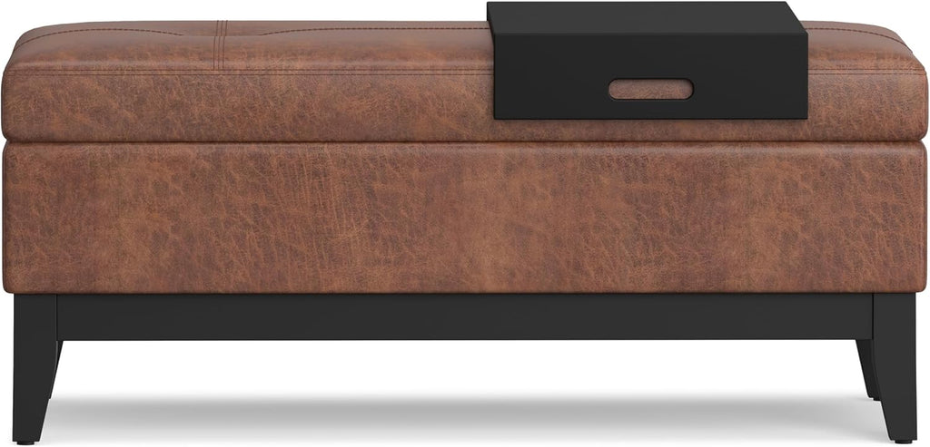 SIMPLIHOME Oregon Storage Ottoman Bench with Tray - 42 inch Wide Vegan Leather Rectangle Storage Ottoman Bench in Distressed Saddle Brown, Transitional Tufted Ottoman for Living Room with Lift-Up Lid