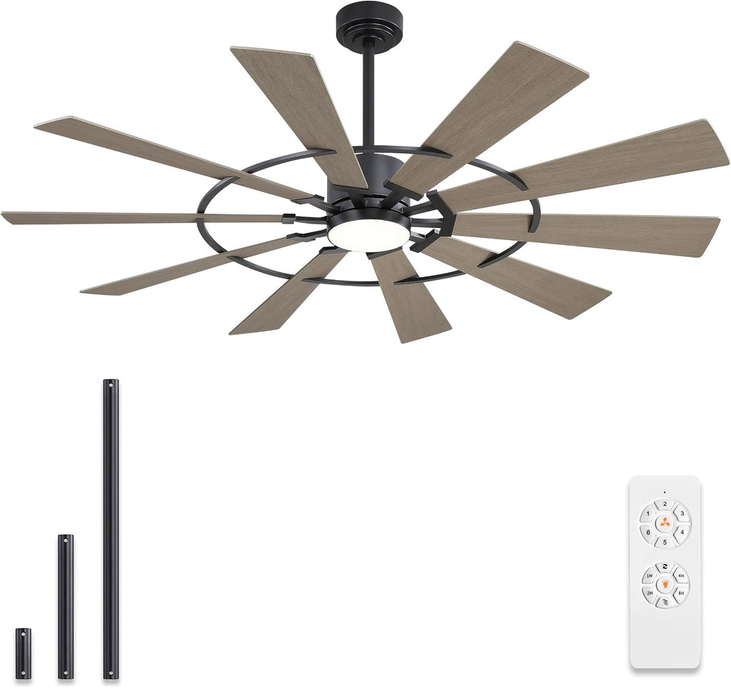 WINGBO 72' Windmill Ceiling Fan with Lights, 3 Downrod, 6-Speed Reversible DC Motor, 3CCT, 10 Blade Indoor Farmhouse DC Ceiling Fans for Kitchen Bedroom Living Room Patio, Matte Black and Grey