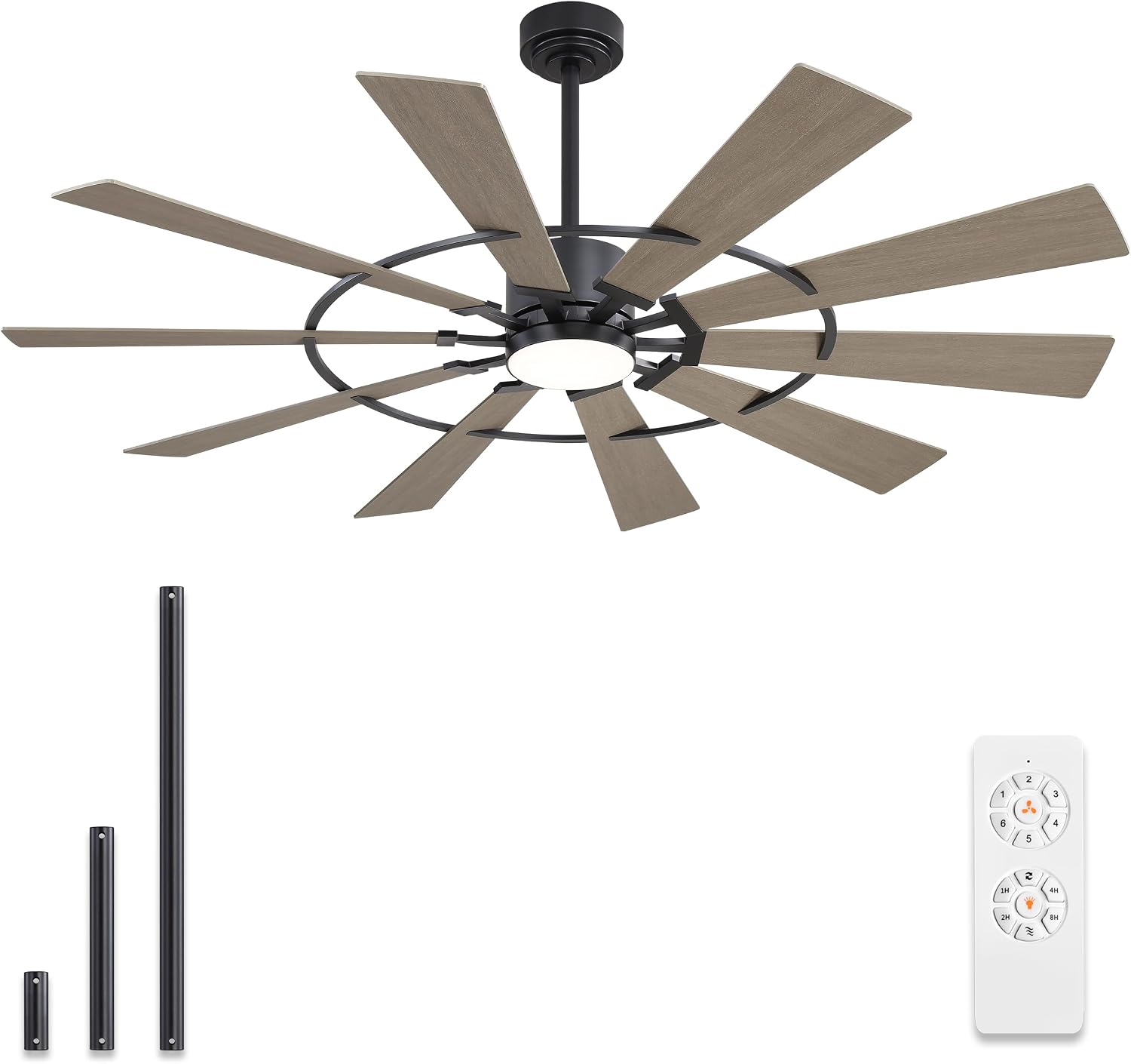 WINGBO 72' Windmill Ceiling Fan with Lights, 3 Downrod, 6-Speed Reversible DC Motor, 3CCT, 10 Blade Indoor Farmhouse DC Ceiling Fans for Kitchen Bedroom Living Room Patio, Matte Black and Grey