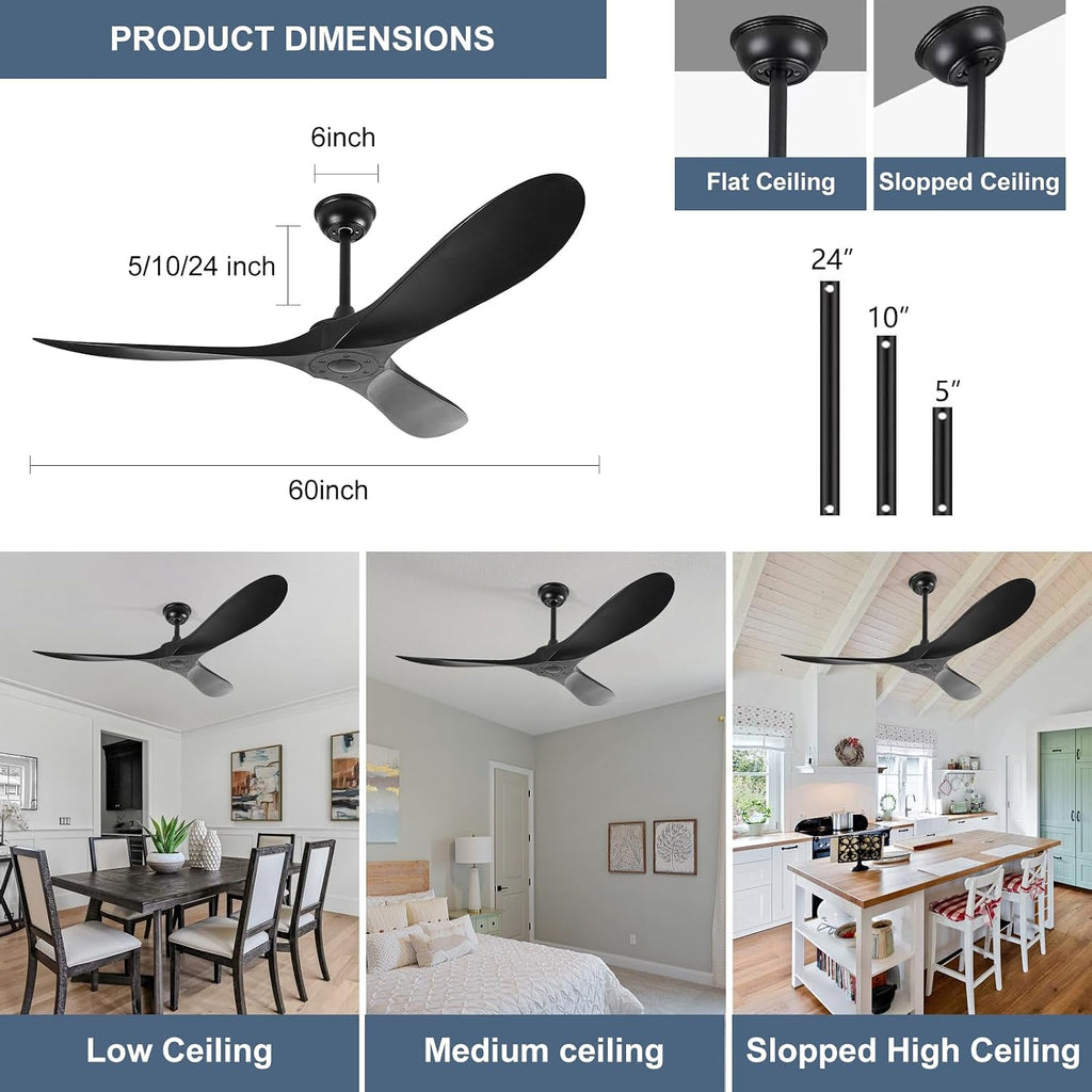60'' Ceiling Fan No Light with Remote Control,Outdoor Ceiling Fan with DC Reversible and Silent Motor,3 Plastic Blades,Black Fan for Patios,Living Room,Bedroom