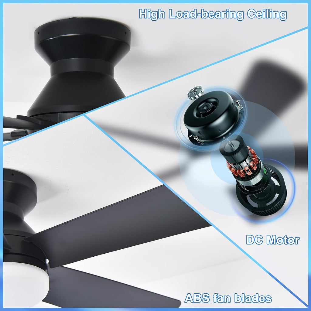 Depuley 42-Inch Ceiling Fans with Lights: Flush Mount Ceiling Fan with Remote Control Indoor/Outdoor- Black 5 Blade Low Profile Fandelier for Kitchen Gazebo - Reversible Quiet Timer - 2 Packs