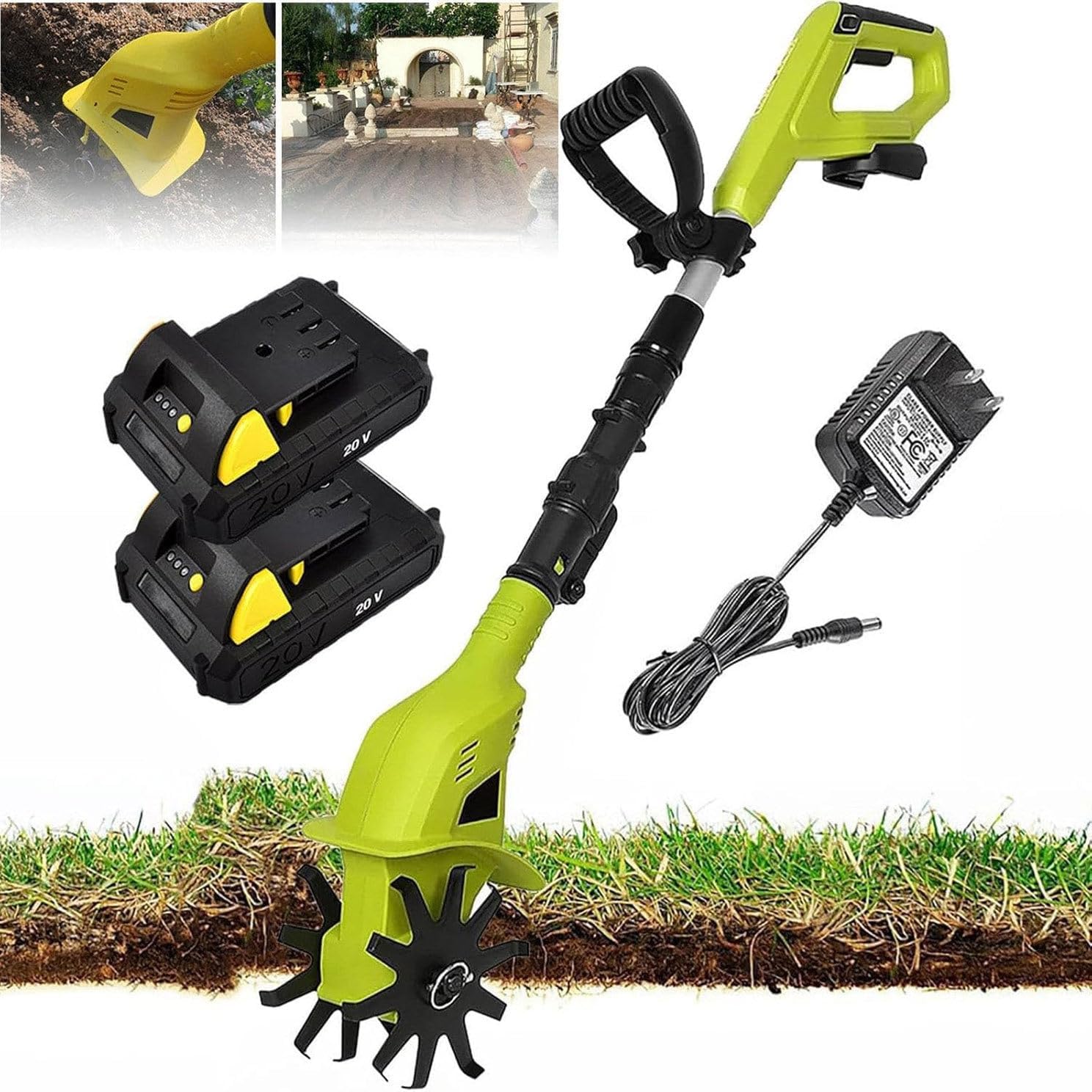 Cordless Tiller Cultivator 20V 250RPM Electric Tiller Handheld Battery Powered Garden Cultivator w/Telescopic Rod 97-127cm for Lawn,Farms,Yard(Cultivation Width 3.94'/Depth: 9.84'),2batteries