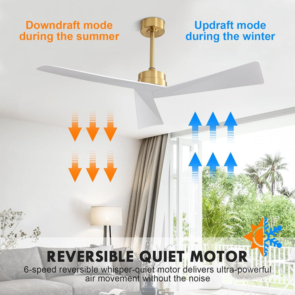 WINGBO 52' DC Ceiling Fan without Lights, Brass and White Ceiling Fan with Remote, 3 ABS Plastic Blades, 6 Speed Reversible DC Motor, Ceiling Fans No Light for Kitchen Bedroom Living Room
