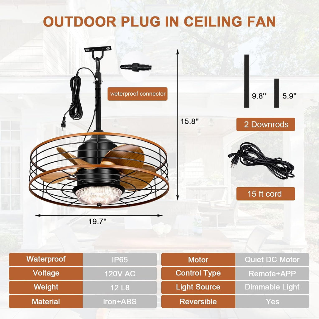 Waterproof Outdoor Ceiling Fan with Light 20' Caged Outdodor Gazebo Fan Hanging with Plug-in Cord, Dimmable LED, Remote APP Control, 6 Speeds for Patios Pergola Porch (Brown)