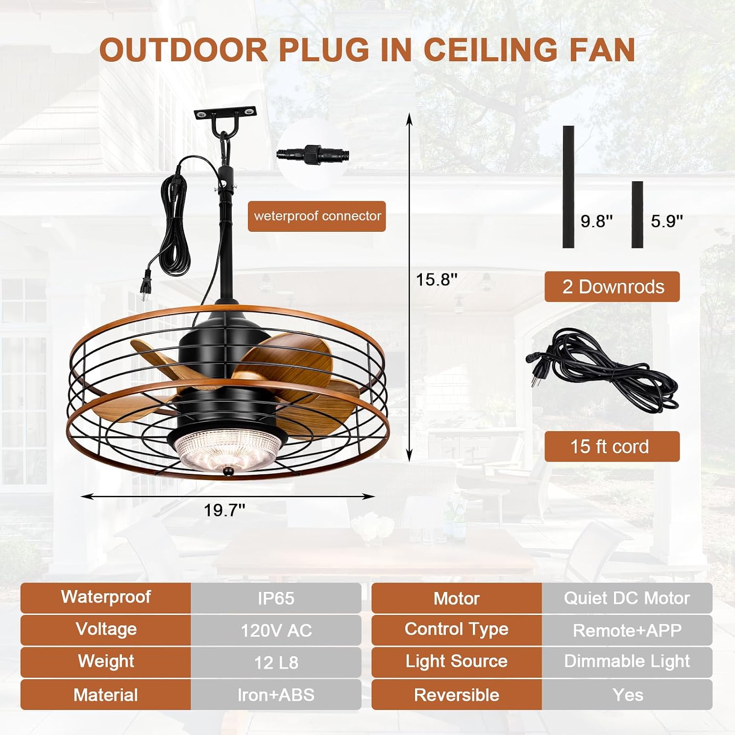 Waterproof Outdoor Ceiling Fan with Light 20' Caged Outdodor Gazebo Fan Hanging with Plug-in Cord, Dimmable LED, Remote APP Control, 6 Speeds for Patios Pergola Porch (Brown)