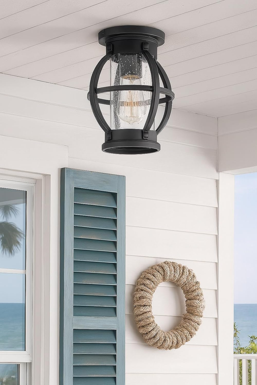Hinkley Chatham Single Light Flush Mount Outdoor Ceiling Light, Composite, Clear Seedy Glass, Anti-Fading Finish, Coastal Style, Museum Black Finish
