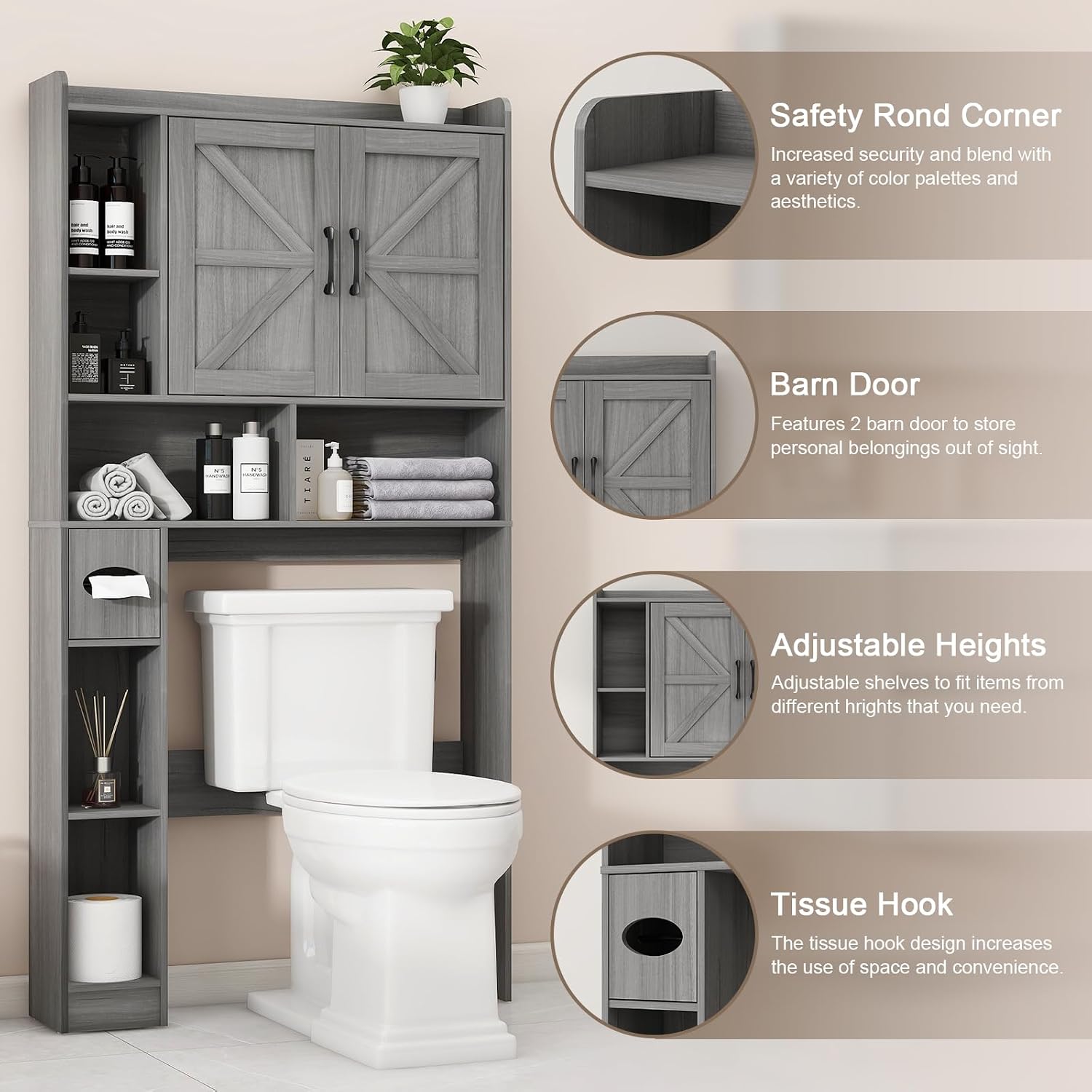 Vabches Over The Toilet Storage Cabinet, Farmhouse Style with 2 Barn Doors, Toilet Paper Holder, Space-Saving for Bathroom & Laundry, Gray