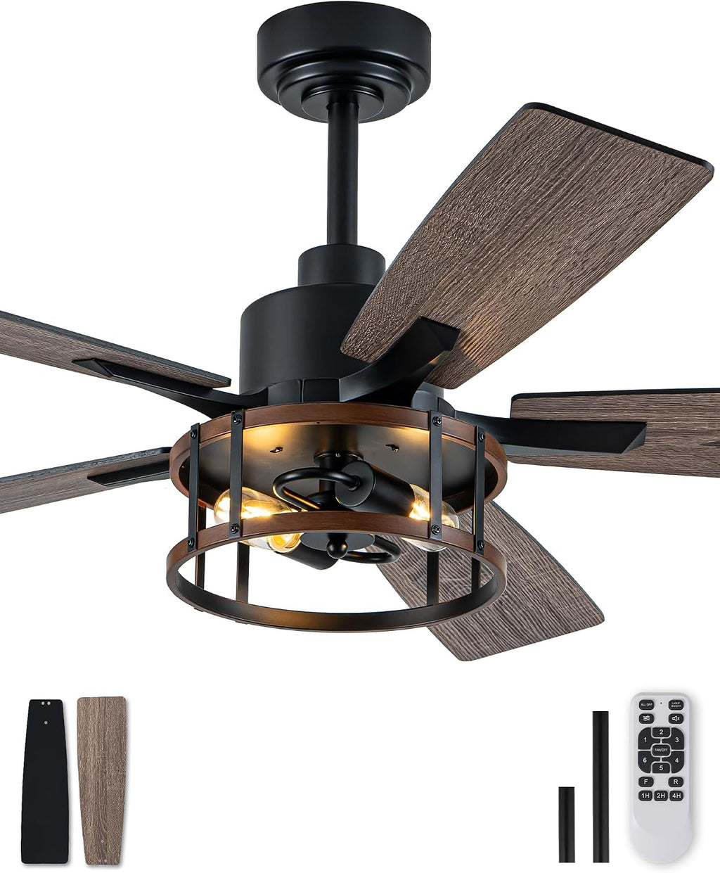 Rustic Ceiling Fan with Lights and Remote, Large Farmhouse Ceiling Fan Caged Fandelier Chandelier, Reversible Quiet DC Motor 6 Speeds for Living Room (Rustic Cage, 52 Inch)