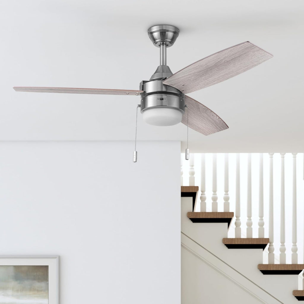 Honeywell Ceiling Fans Berryhill, 48 Inch Ceiling Fan with Color Changing LED Light, Pull Chain, Dual Mounting Options, 3 Dual Finish Blades, Reversible Airflow - 51857-01 (Brushed Nickel)