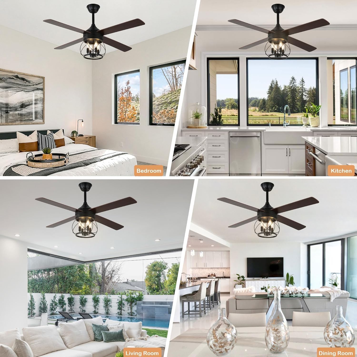Rustic Ceiling Fan with Lights and Remote, Large Farmhouse Ceiling Fan Caged Fandelier Chandelier, Reversible Quiet DC Motor 6 Speeds for Living Room (Black Caged, 52 Inch)
