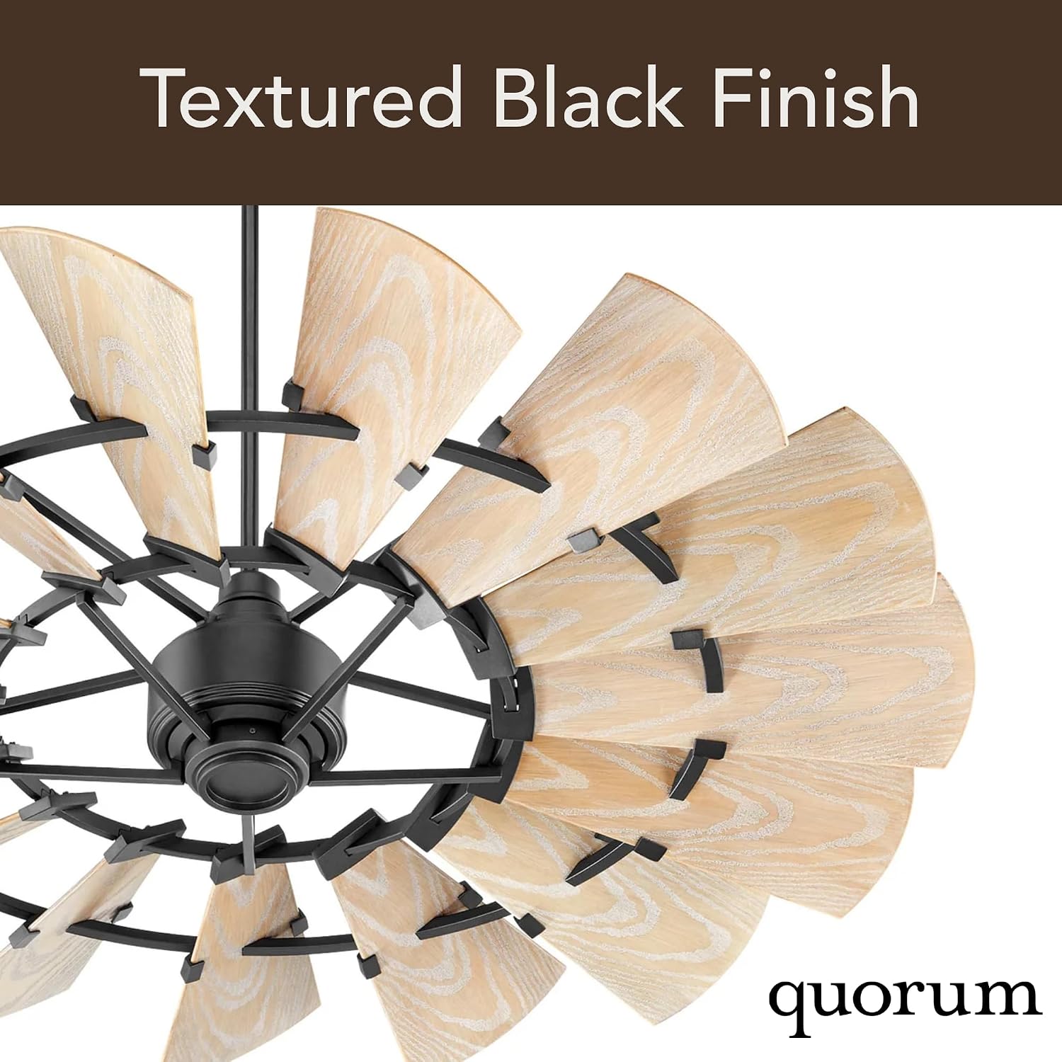 Quorum 195210-69 Windmill 52 Inch Ceiling Fan | 10 Blade Wagon Wheel Design | 6 Speed Reversible DC Motor | Remote Control Included | Damp Rated Fan | Weathered Oak Blades | Textured Black Finish