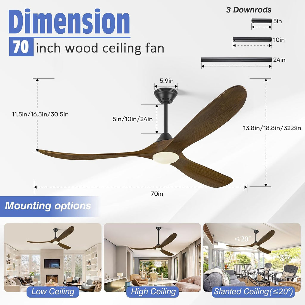 70 Inch Smart Ceiling Fan with Light, Large Farmhouse Ceiling Fans with Lights 3 Wood Blade Quiet Reversible DC Motor, Rustic Indoor Outdoor Ceiling Fans for Patios Porch, Remote/APP/Voice Control