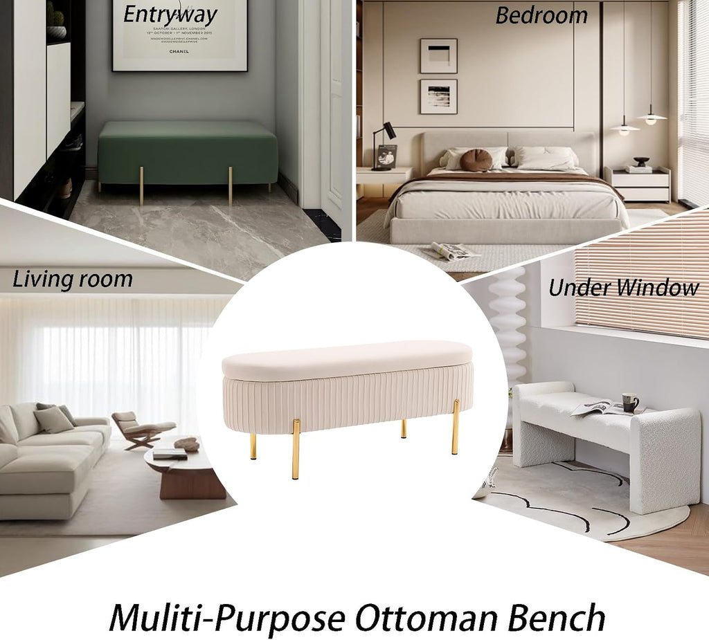 Velvet Storage Bench for Bedroom Upholstered End of Bed Bench Modern Ottoman with Gold Legs for Living Room/Window/Entryway (Ivory White, Oval-45.5' W)