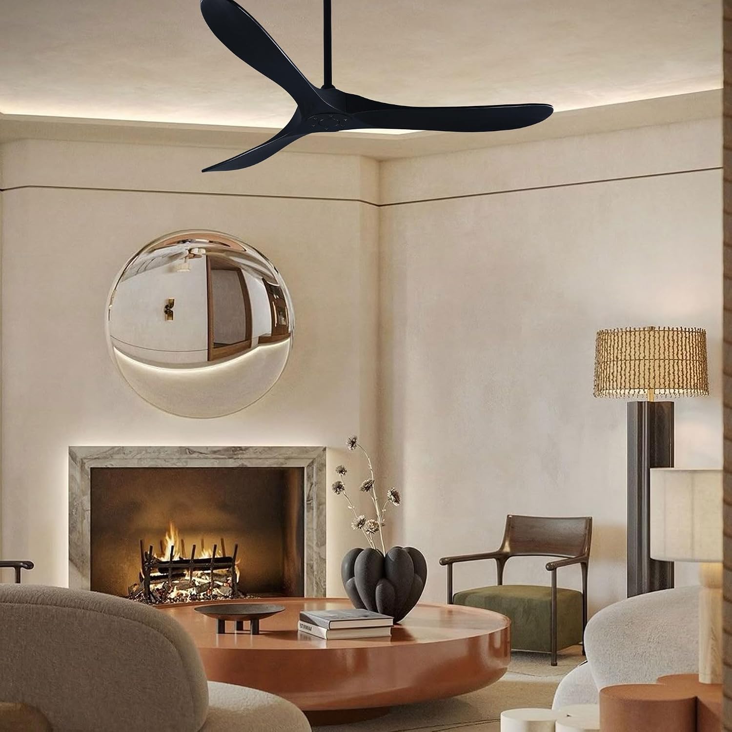 Black Ceiling Fans without Lights, 70'' Modern Solid Wood Ceiling Fan with Remote, Quiet DC Motor, Flush Mount Low Profile Indoor or Covered Patio Ceiling Fan for Bedroom Living Room
