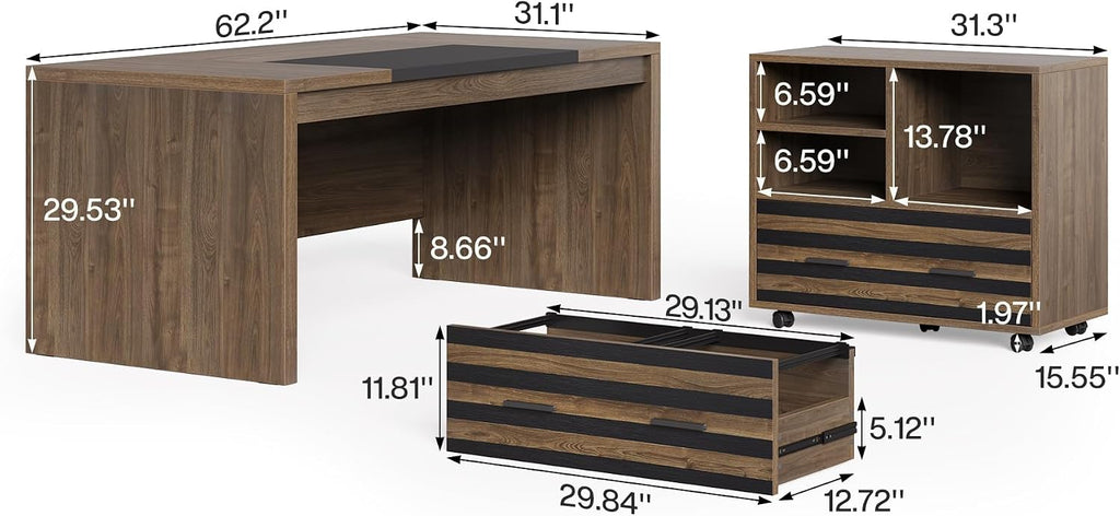 LITTLE TREE L-Shaped Computer Desk with File Cabinet Combo, 63-Inch Office Desk, 31-Inch Filing Cabinet with Storage & Drawer for A4/Letter/Legal Size File, Large Business Furniture for Home Office