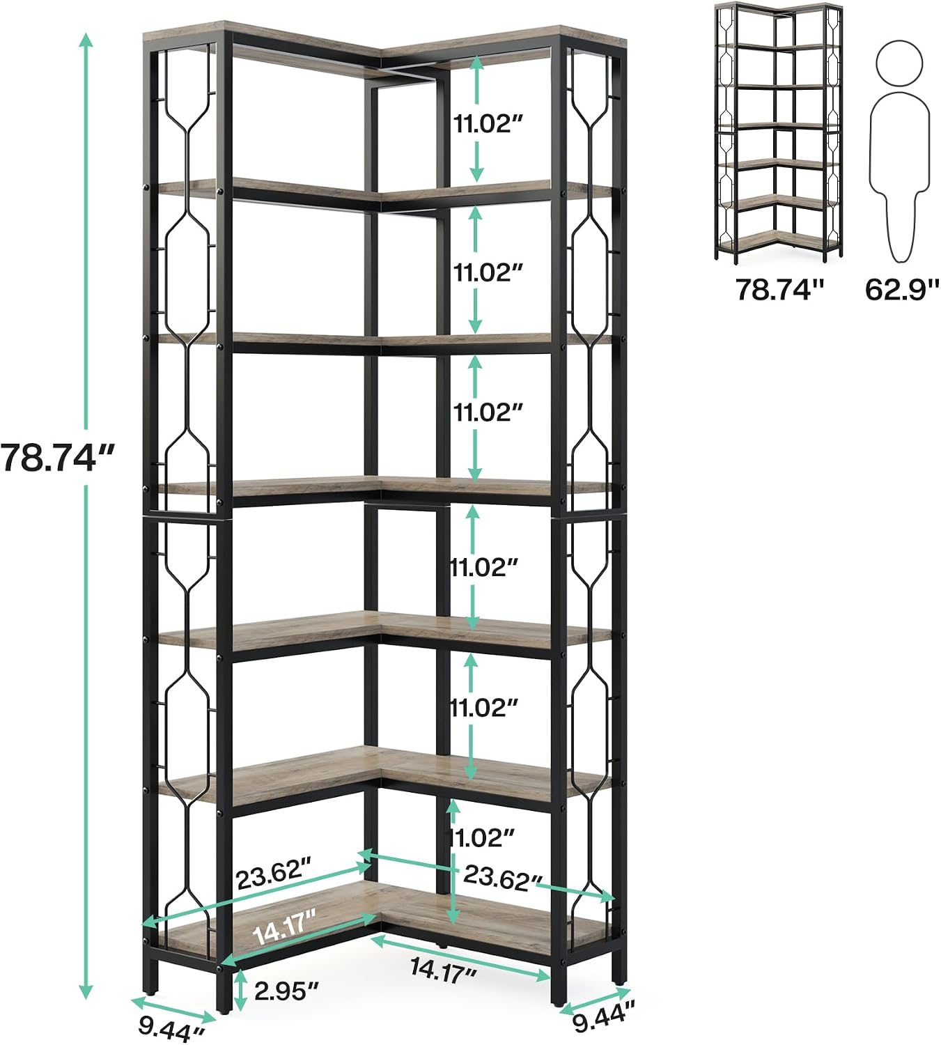 LITTLE TREE Corner Shelf, 7-Tier Industrial Corner Bookshelf, Wood and Metal Corner Etagere Bookcase, Freestanding Display Shelf for Living Room, Kitchen, Home Office, Grey