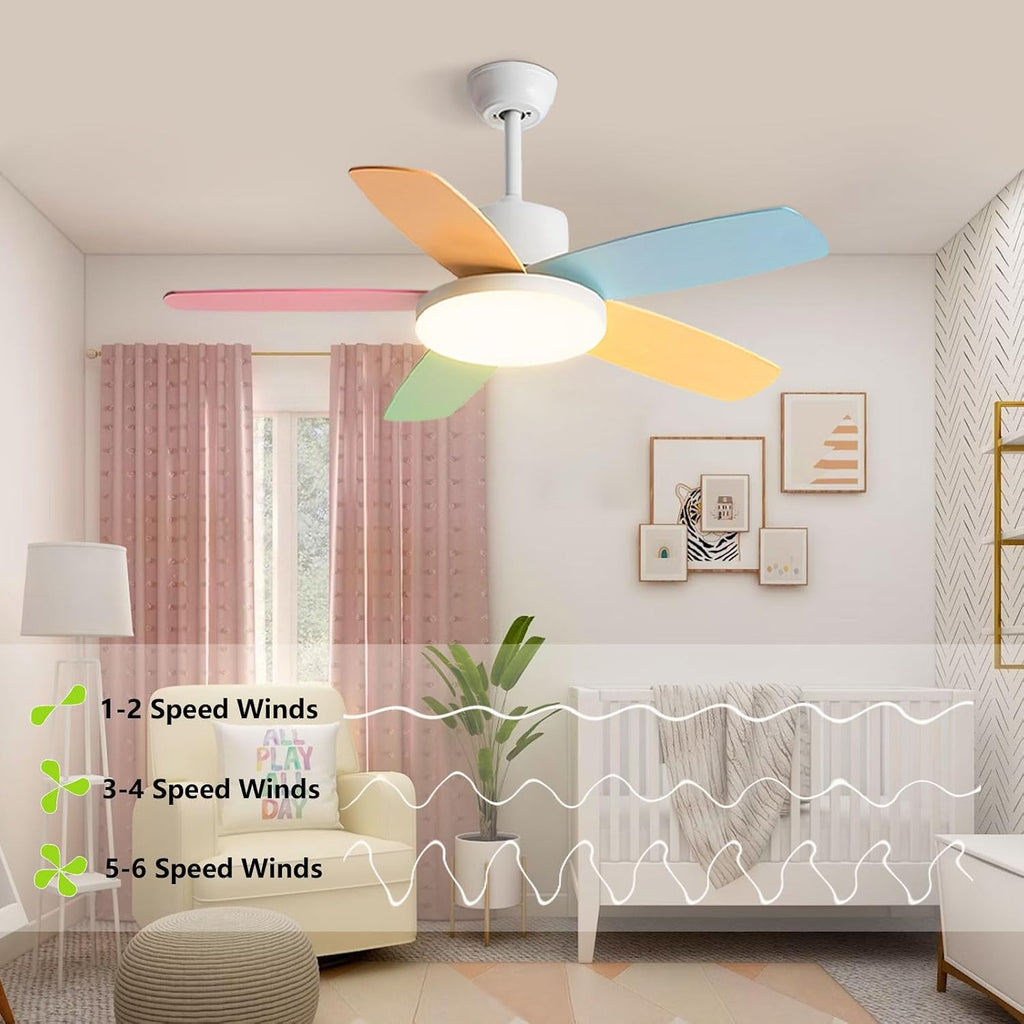 Kids Quiet Ceiling Fan with Light 42in Colorful Remote Fan Ceiling with Light Girls Boys Room Bedroom ETL Listed Ceiling Fans 6 Gear Wind Speeds 60W LED Ceiling Fan Lighting for Living Room