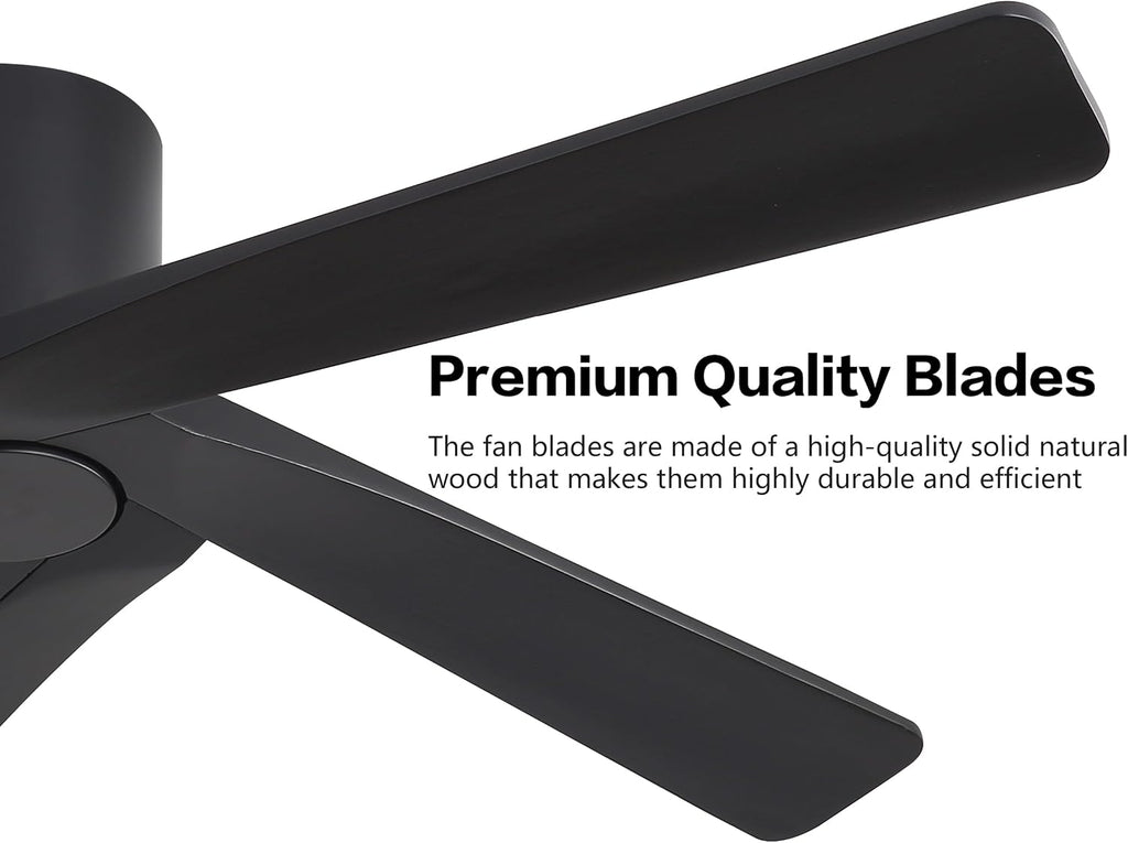 WINGBO 48 Inch Flush Mount DC Ceiling Fans without Lights, 5 Carved Solid Wood Blades, 6-Speed Reversible DC Motor, Low Profile Hugger Ceiling Fan No Lights for Indoor and Outdoor, Matte Black