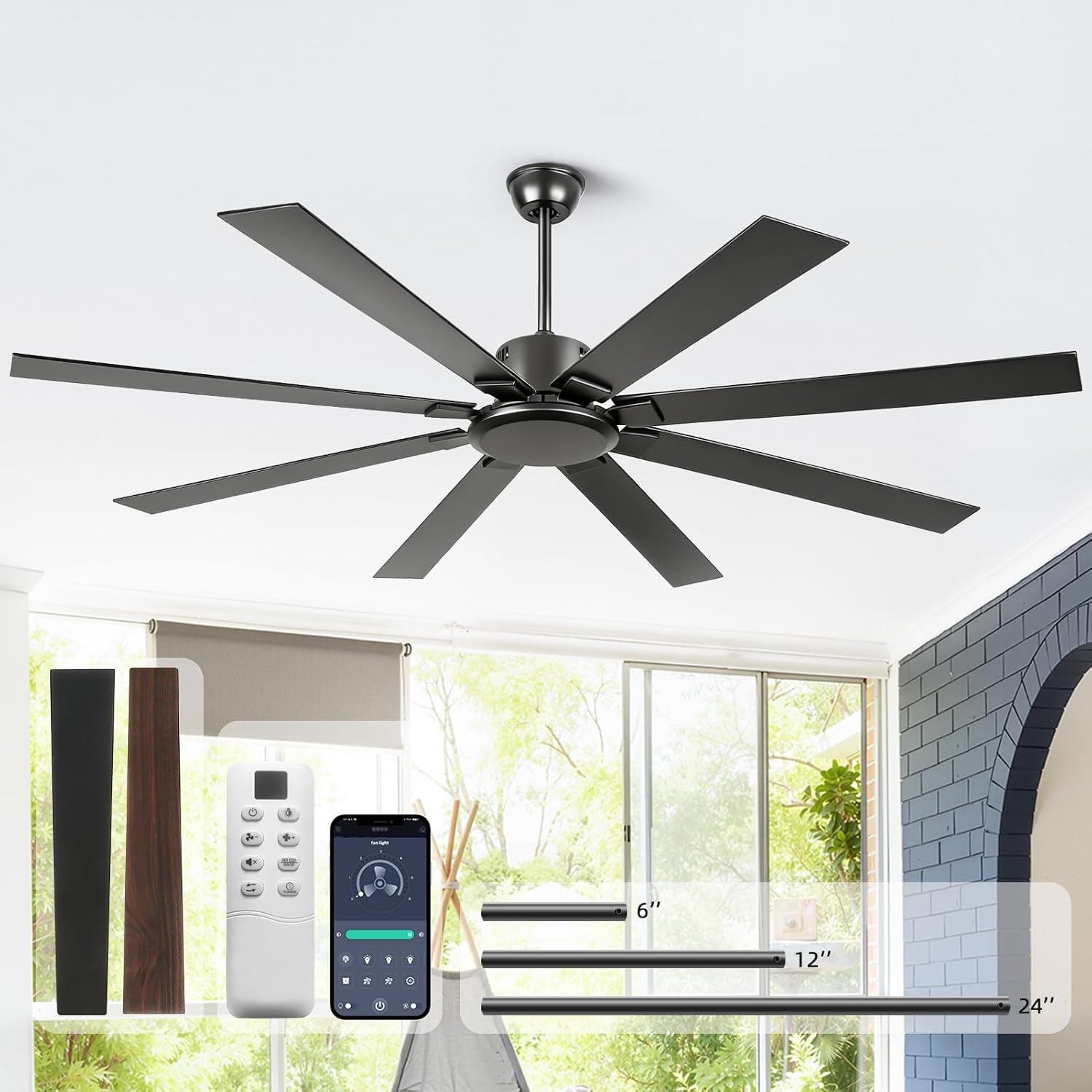 72 Inch Black Ceiling Fan No Light, Modern Ceiling Fan with Remote, 6-Speeds, Quiet Reversible DC Motor, Industrial Ceiling Fans without Lights for Patios, Living Room, Garage