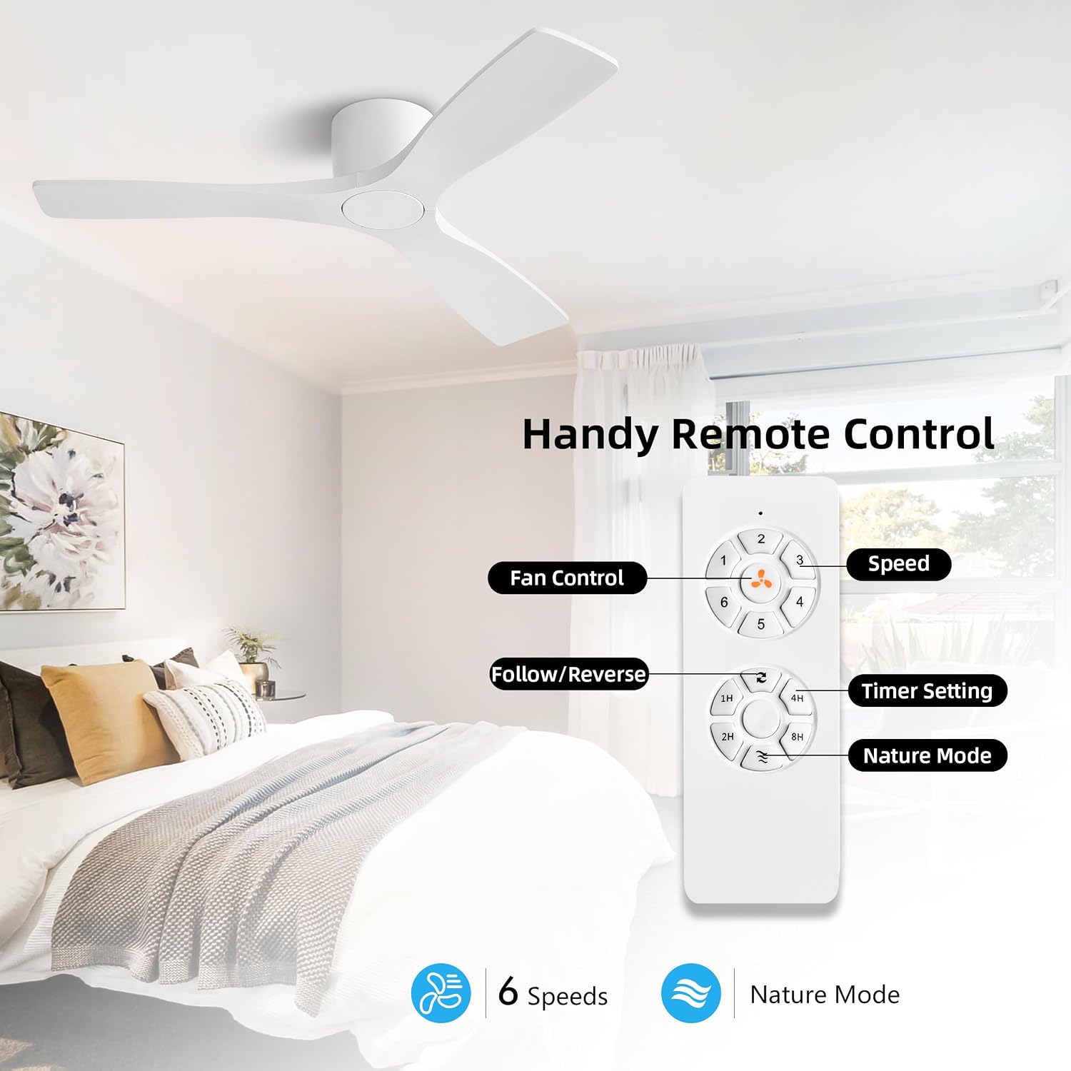 WINGBO 48 Inch Flush Mount DC Ceiling Fan without Lights, 3 Carved Wood Blades, 6-Speed Noiseless Reversible DC Motor, Hugger Ceiling Fan No Lights in Gloss White Finish, ETL Listed