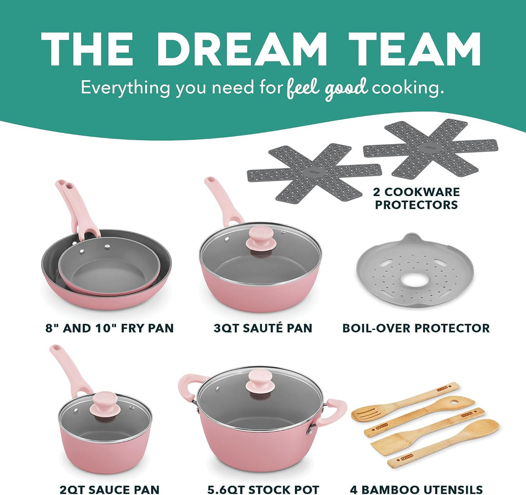 Dash Dream Green Recycled Aluminum Cookware Set - Ceramic Cookware Set - CleanCoating™ Nonstick Coating - Induction Compatible and Oven Safe - Pink, 15-Piece Set