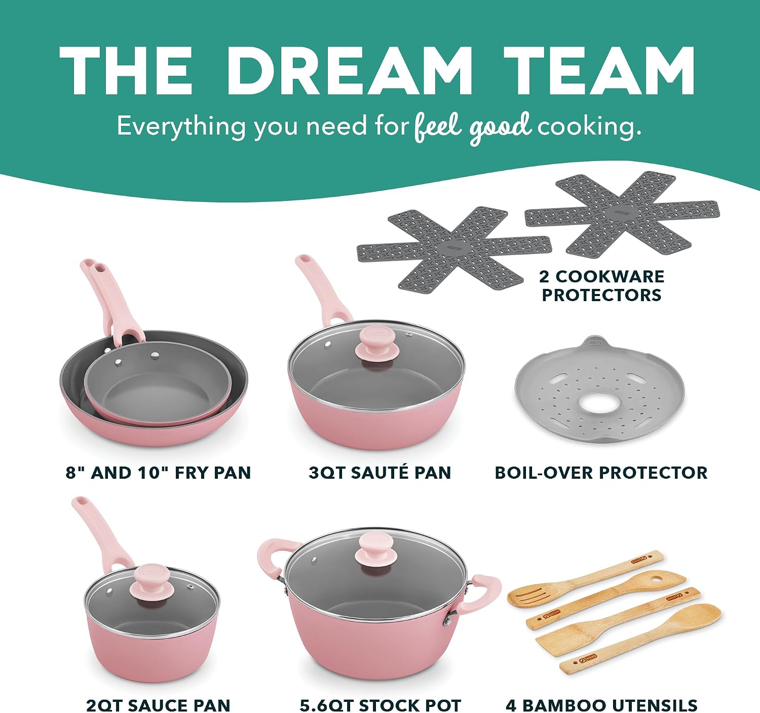 Dash Dream Green Recycled Aluminum Cookware Set - Ceramic Cookware Set - CleanCoating™ Nonstick Coating - Induction Compatible and Oven Safe - Pink, 15-Piece Set