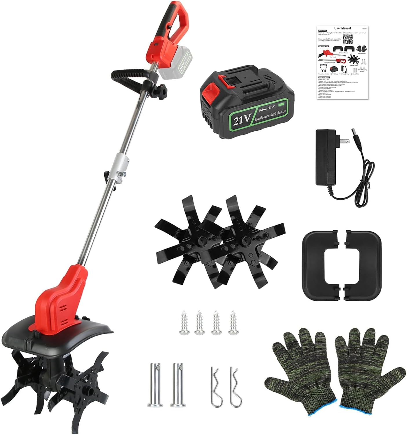 TeqHome 21V Cordless Tiller Cultivator, 300RPM Electric Garden Tiller with 16 Steel Tines, 4AH Battery & Charger, 9-in Tilling Width & 9-in Depth Garden Rototiller for Lawn/Gardening/Soil Cultivation