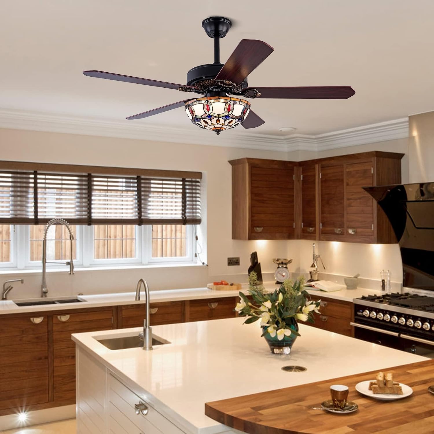OUKANING Modern Crystal Chandelier Ceiling Fan Gorgeous Reversible Rural Retro Fandelier Light Fixture with Remote for Bedroom Living Room Kitchen