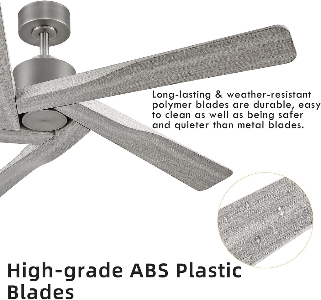 WINGBO 54' ABS DC Ceiling Fan No Light, 5 Blade Wood Grain ABS Ceiling Fan with Remote, 6-Speed Reversible DC Motor, Ceiling Fans without Light for Kitchen Bedroom Living Room, Antique Nickel and Grey