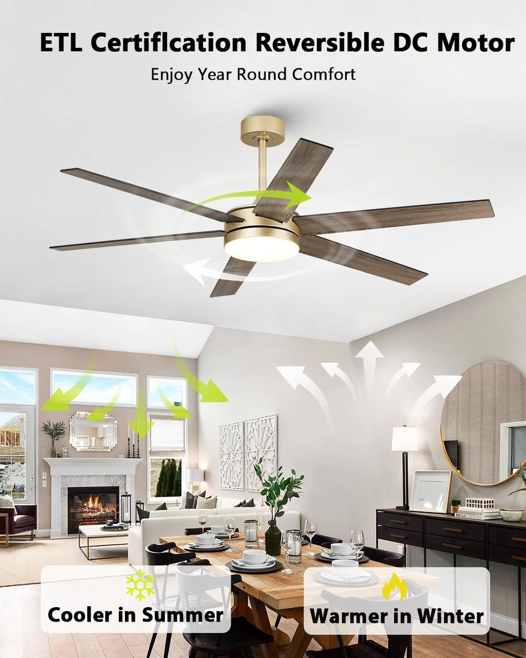 60 Inch Gold Ceiling Fan with Lights and Remote/APP, Modern Black Gold Ceiling Fan 5 Blade Fandelier for Living Room Shop, 3CCT, 6 Speeds, Timer, Quiet DC Motor Indoor Large Ceiling Fan