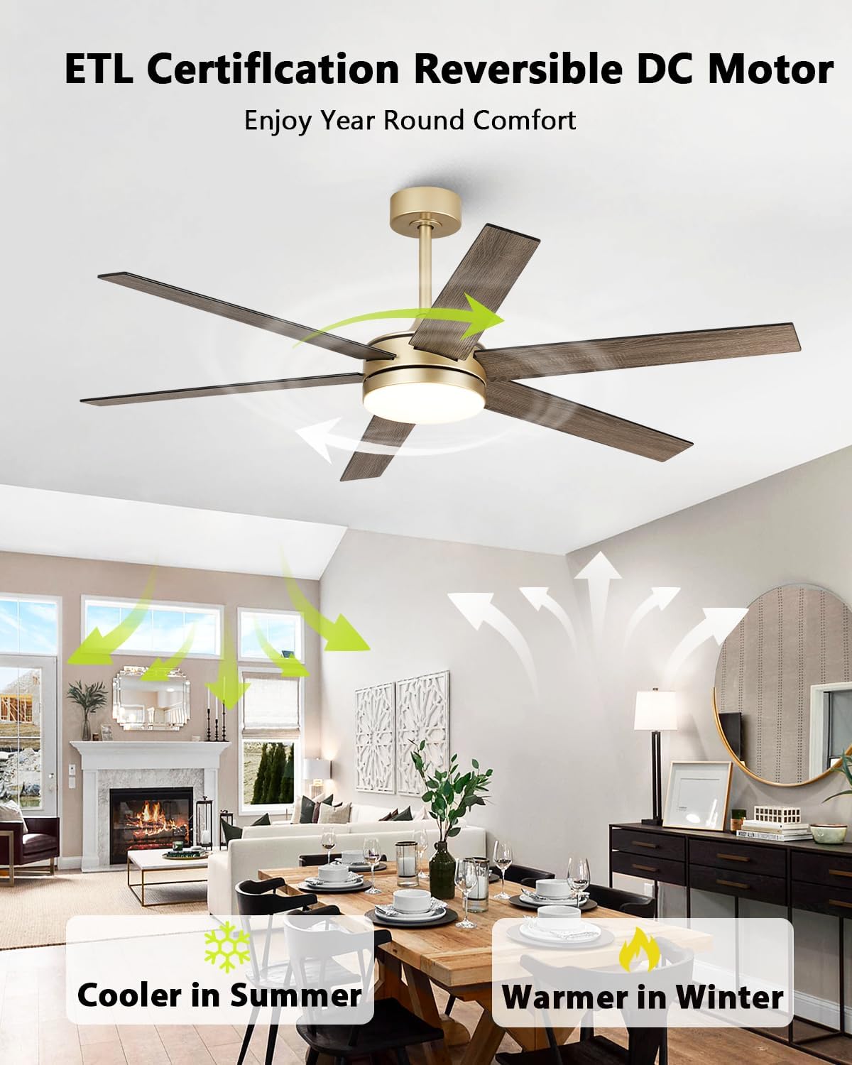 60 Inch Gold Ceiling Fan with Lights and Remote/APP, Modern Black Gold Ceiling Fan 5 Blade Fandelier for Living Room Shop, 3CCT, 6 Speeds, Timer, Quiet DC Motor Indoor Large Ceiling Fan