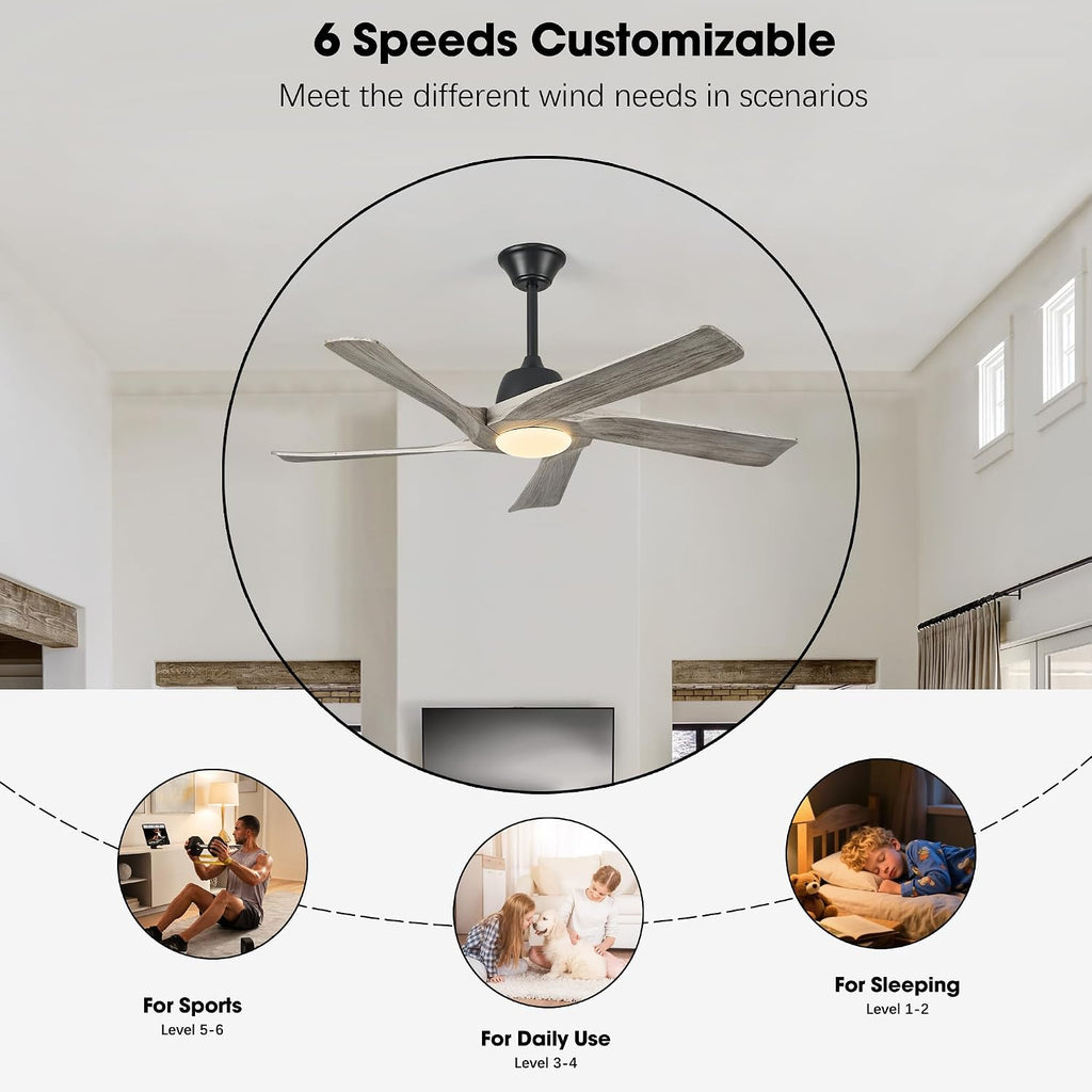 52 Inch Solid Wood Ceiling Fan with Lights, Remote and APP Control, 3-color Dimmable LED, DC Motor, 6-speed Reversible, Modern Ceiling Fans for Bedroom, Living Room, Greywood