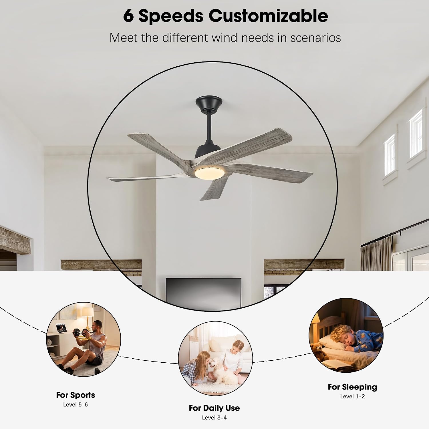 52 Inch Solid Wood Ceiling Fan with Lights, Remote and APP Control, 3-color Dimmable LED, DC Motor, 6-speed Reversible, Modern Ceiling Fans for Bedroom, Living Room, Greywood